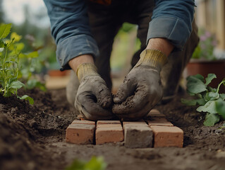 Gardener Laying Bricks in a Garden Path