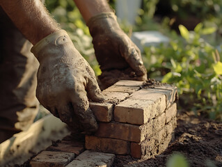 Hands Laying Bricks in a Garden Path