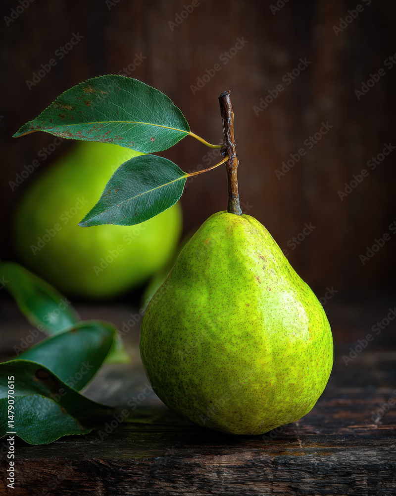 Aufkleber A single ripe green pear with its stem and leaves rests on a dark wooden surface, another pear is softly blurred in the background, creating a rustic still life. : Generative AI