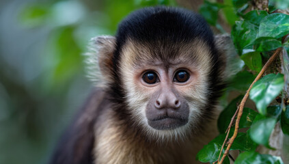 Naklejka premium Close-up portrait of a young white-faced capuchin monkey peering from behind lush green foliage, its dark eyes captivating. : Generative AI