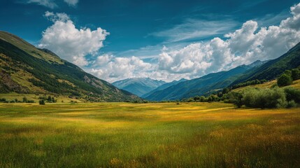 A 4K photo of empty green meadow with moutains in the background, grass field with a bit of blue sky at summer.