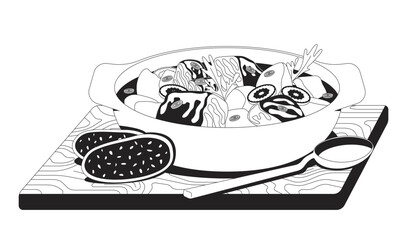 Hungarian goulash served with bread and spoon outline illustration. Hearty stew with beef potato. Homestyle ragout. Authentic food 2D line item isolated on white. Monochrome vector ink linear image