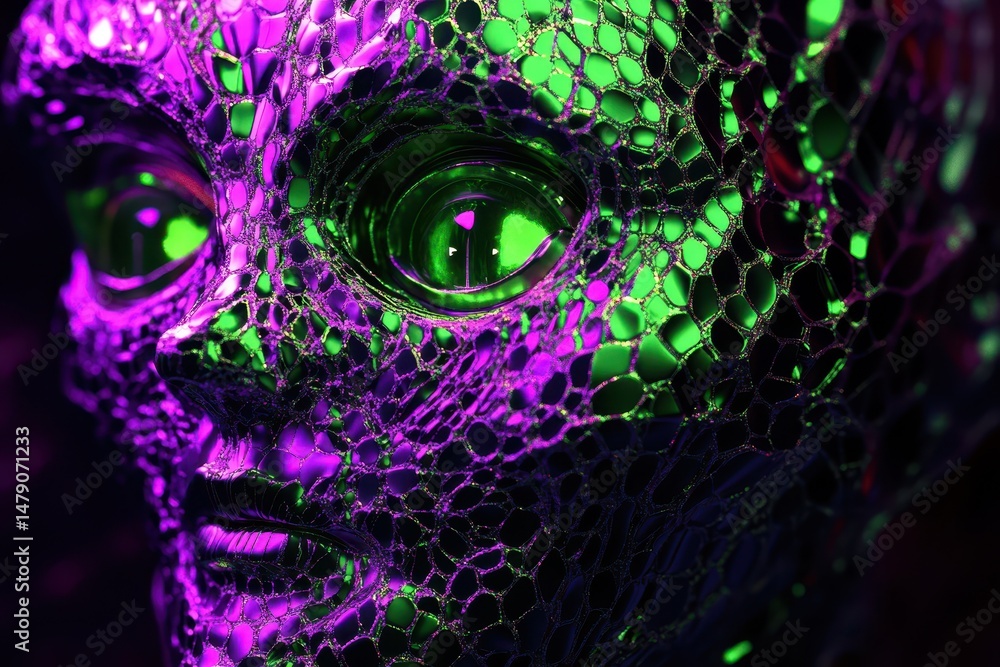 Poster alien hive mind in purple and green displaying intricate patterns in a disco style setting, 3d alien