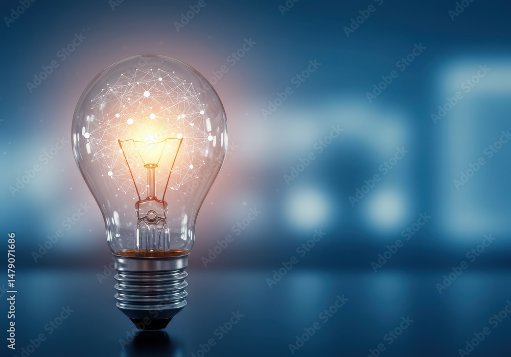 Poster a lightbulb illuminates with a network of connected dots against a blurred blue background
