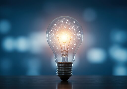 A glowing lightbulb illuminates the concept of connected innovation and technological advancement