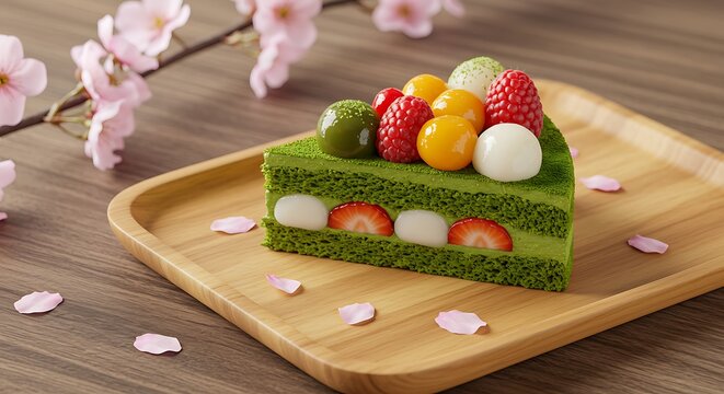 Green Tea Cake with Fruits and Mochi on Wooden Plate