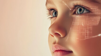 Close-up of a child's face with a futuristic digital overlay.