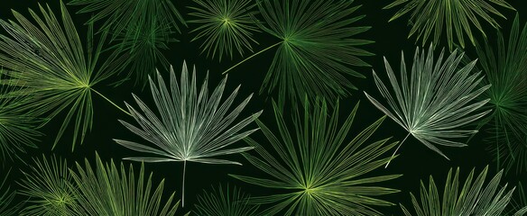 Intricate pattern of tropical palm leaves on dark background