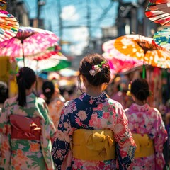 Fototapeta premium Painting of women in colorful kimonos walking through street with red umbrellas during cultural festival, pagoda and lanterns in background. Generative by AI.