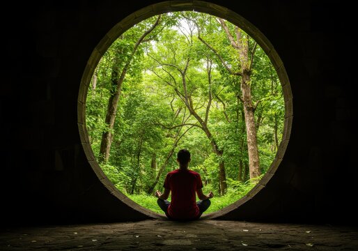 Fototapeta Person in meditation pose sits in a circular window looking out onto a lush forest