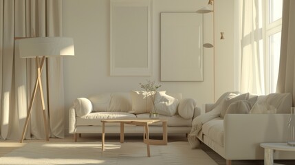 A minimalist living room with white walls, a large window, a white couch, and a wooden coffee table