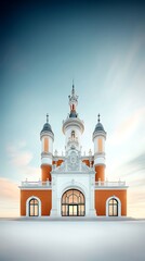 Obraz premium Ornate, unique building with towers, against sky. Snow-covered foreground