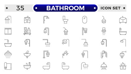 Bathroom outline icons. Editable Stroke. Shower, bath, toilet, bidet, mirror, water tap. Laundry and garbage basket. Cosmetics shampoo comb cream. Toilet paper napkins.
