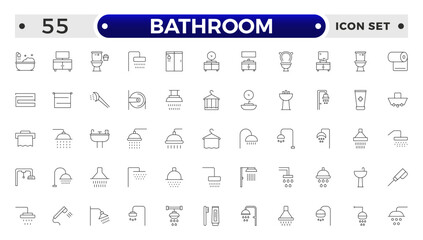 Bathroom outline icons. Editable Stroke. Shower, bath, toilet, bidet, mirror, water tap. Laundry and garbage basket. Cosmetics shampoo comb cream. Toilet paper napkins.