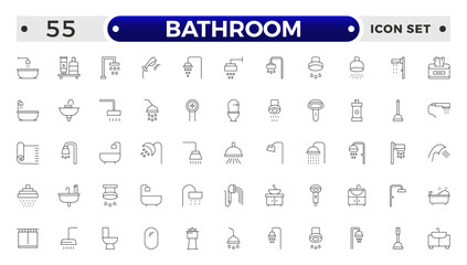 Bathroom outline icons. Editable Stroke. Shower, bath, toilet, bidet, mirror, water tap. Laundry and garbage basket. Cosmetics shampoo comb cream. Toilet paper napkins.