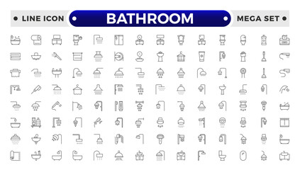 Bathroom outline icons. Editable Stroke. Shower, bath, toilet, bidet, mirror, water tap. Laundry and garbage basket. Cosmetics shampoo comb cream. Toilet paper napkins.