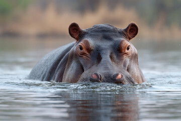A hippopotamus emerges from the water, its eyes focused intently on the viewer, creating a powerful and captivating image of wildlife in its natural habitat. : Generative AI