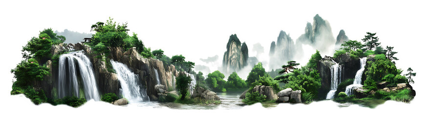 Naklejka premium Scenic waterfall landscape with lush greenery and misty mountains on transparent background