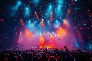 Fototapeta na wymiar festivalgoers enjoying a live concert, with a brightly lit stage and vibrant lighting effects