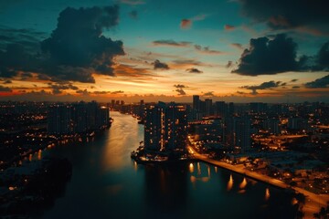 Fototapeta premium Glowing Miami skyline at sunset with vibrant colors reflecting on the water, Aerial b roll glowing city and sunset Miami Florida night