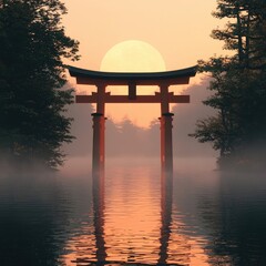 Red torii gate standing in calm water during sunrise, mist rising from lake and trees silhouetted in distance. Generative by AI.