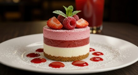 Delicious layered raspberry strawberry cheesecake dessert
