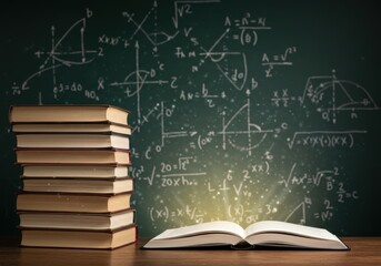Stack of books and an open book with mathematical formulas on a chalkboard background