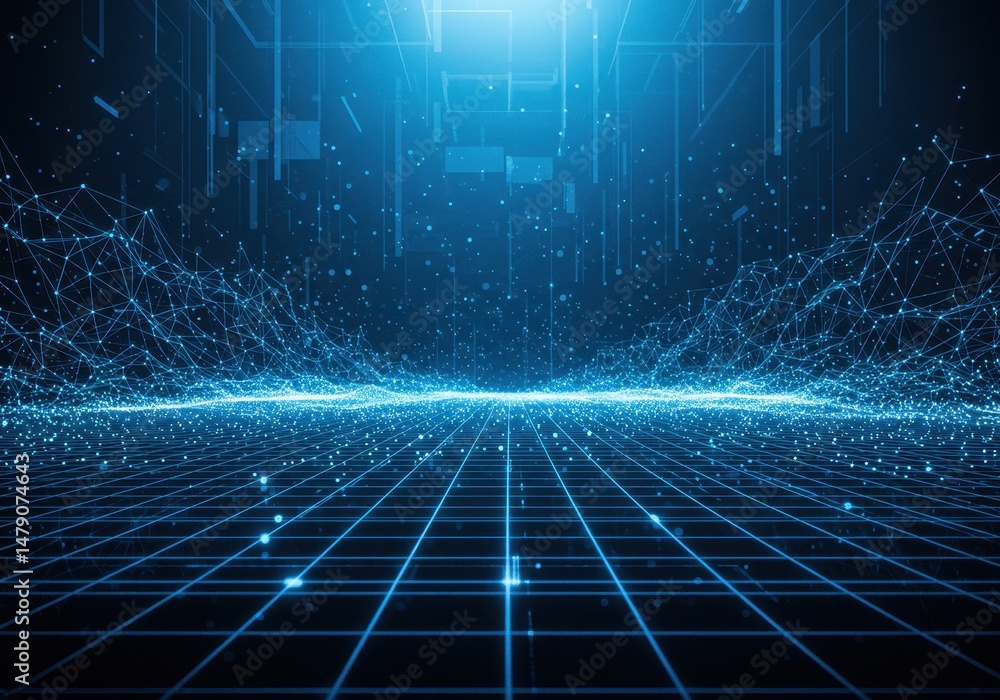 Aufkleber abstract blue network grid with connecting dots and lines forming a digital landscape