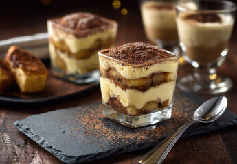 Delicious layers of creamy mascarpone, coffee-soaked ladyfingers, and cocoa powder create a delightful tiramisu dessert, perfectly presented in a square glass. : Generative AI