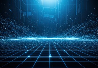 Naklejka premium Abstract blue network grid with connecting dots and lines forming a digital landscape
