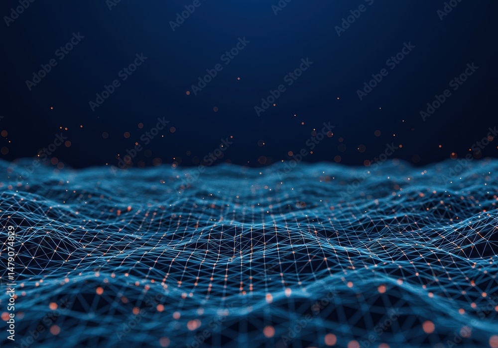 Poster abstract network of connected dots and lines creates a wavy surface in blue tones