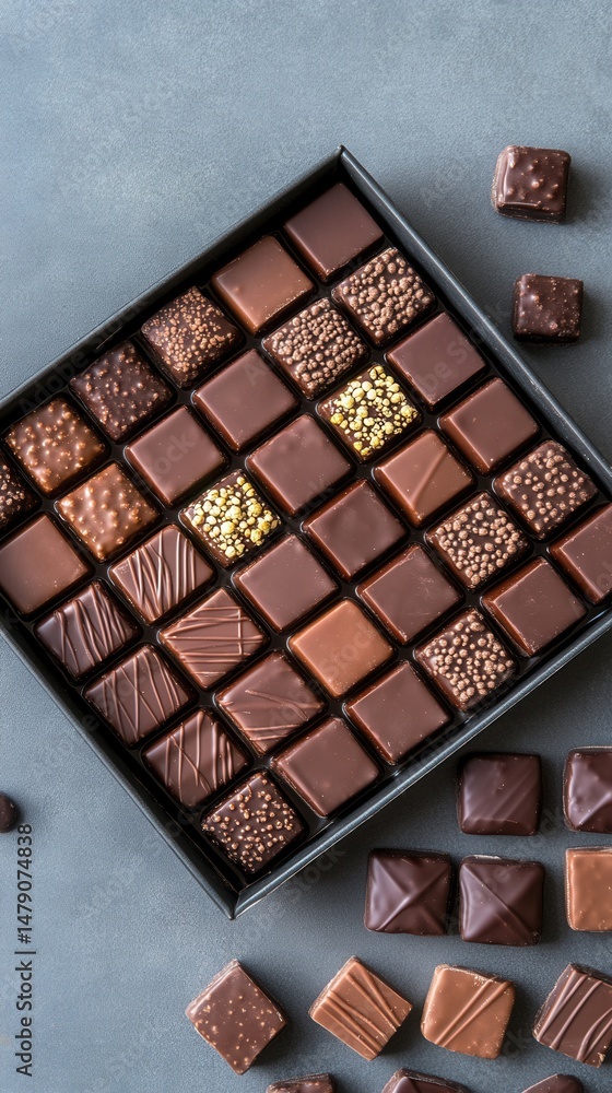 Poster overhead close up of assorted chocolate pralines in a box and scattered around on a gray background 