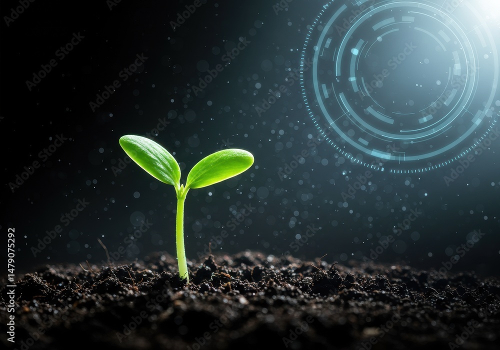 Poster a small green sprout emerges from the soil with a digital interface in the background