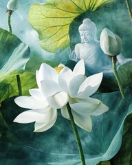 Buddha purnima celebration with lotus blooms tranquil garden soft watercolor art serene environment enlightenment concept