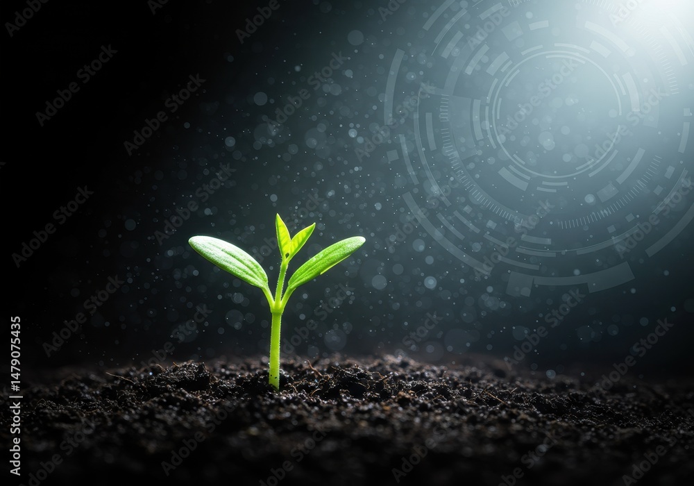 Poster a small green sprout emerges from the dark soil with a technological background