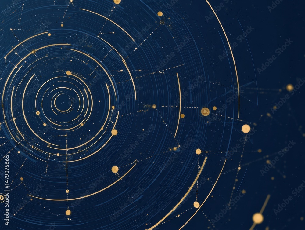 Poster abstract technology background with golden circles and dotted lines on dark blue backdrop digital ar