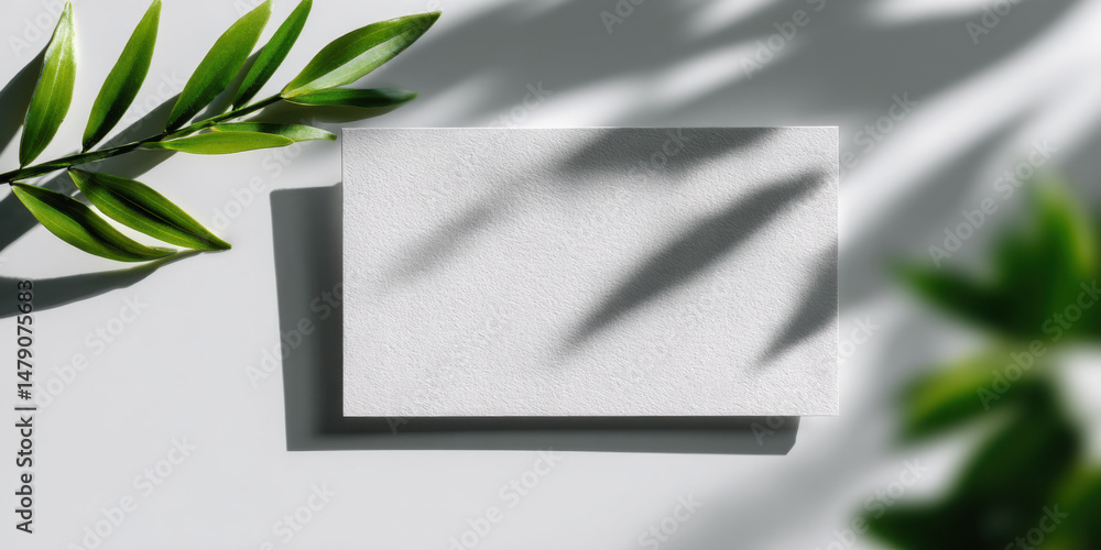 Poster blank white card mockup with leaf shadows, ideal for branding or minimalist design projects. the tex