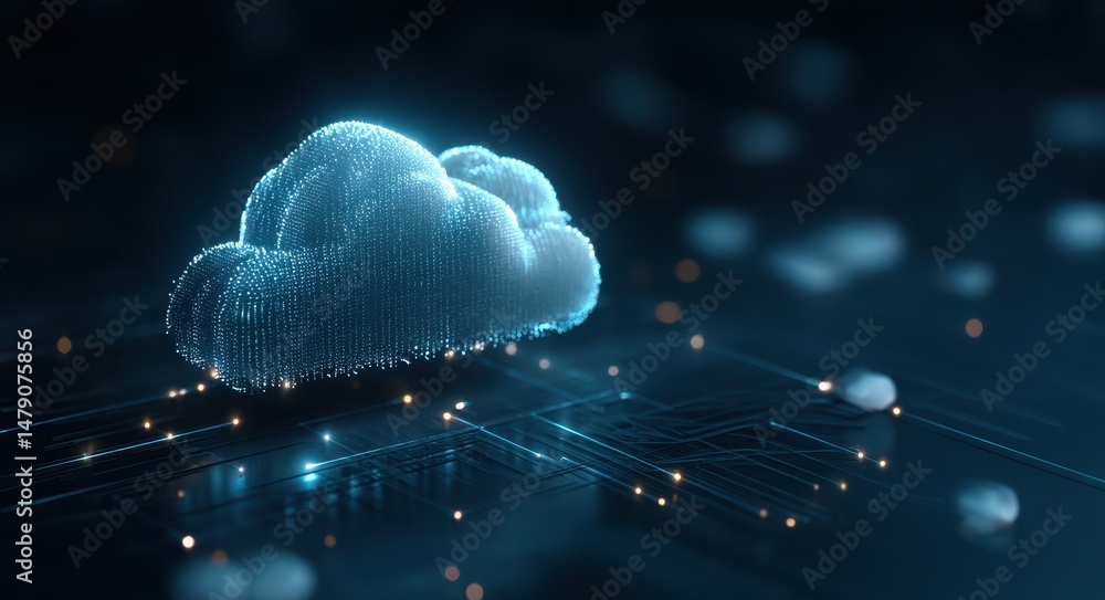 Poster digital cloud icon hovering over circuit board.