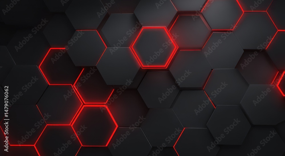 Poster abstract geometric pattern of dark hexagons with glowing red lines.