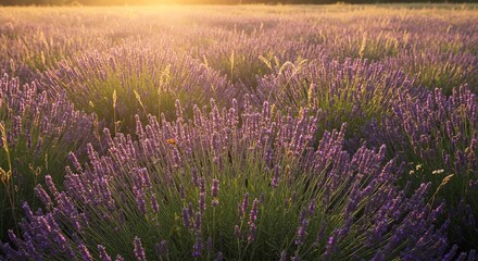 Fototapeta premium Golden Hour Lavender Field: Serene Purple Blooms at Sunset