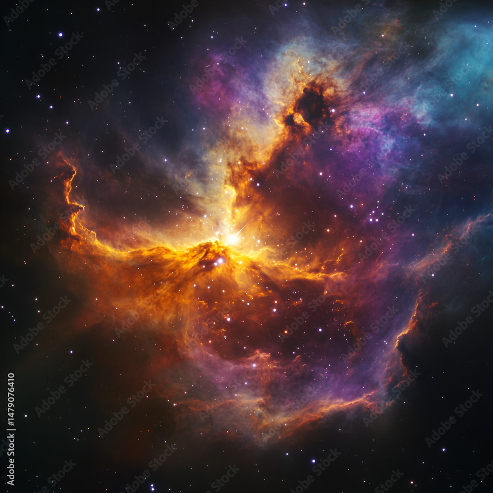 Poster exploring cosmic wonders nebula formation outer space digital art galactic environment close-up view