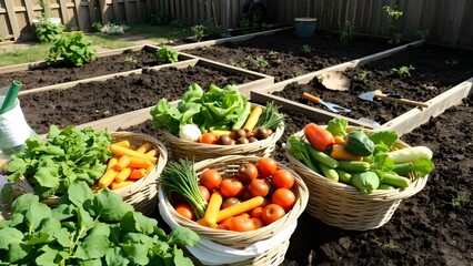 Urban backyard harvest with partially empty garden beds