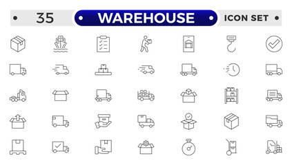 Warehouse service outline icon set. Containing order tracking, delivery home, delivery , truck, scooter, courier and cargo icons. Shipping symbol.