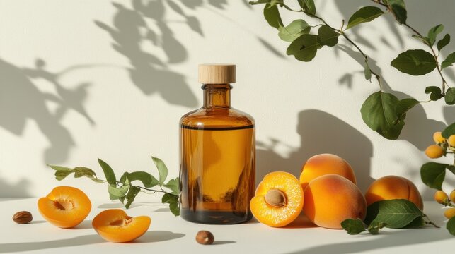 Apricot Kernel Oil Bottle with Fresh Apricots and Hazelnuts
