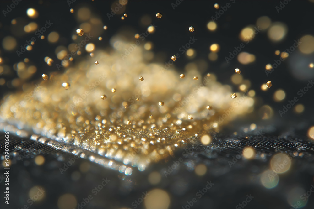 Poster a computer chip with glowing particles and golden lights, suggesting advanced microtechnology and di