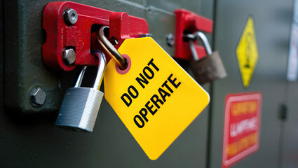 Close-up of a lockout/tagout device on machinery, featuring safety tags and padlocks, emphasizing workplace safety and hazard prevention.