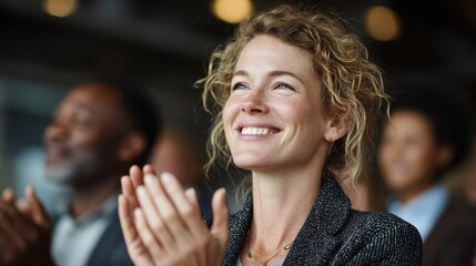 Group of office workers applauding project milestone achievement