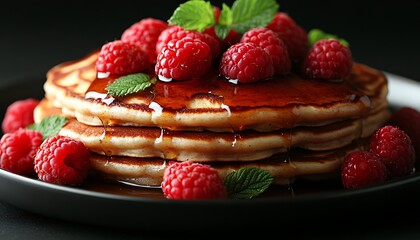 Stacked pancakes with raspberries and syrup