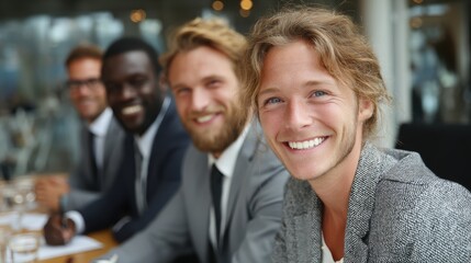 Group of young entrepreneurs smiling while finalizing business proposal