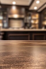 Obraz premium Wood Tabletop in Restaurant Setting with Blurred Background for Food Photography Mockup or Product Display Interior Design